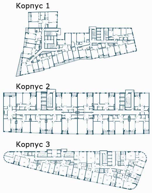 Примеры планировок корпусов (этажи не типовые и различаются так же в пределах каждого корпуса)